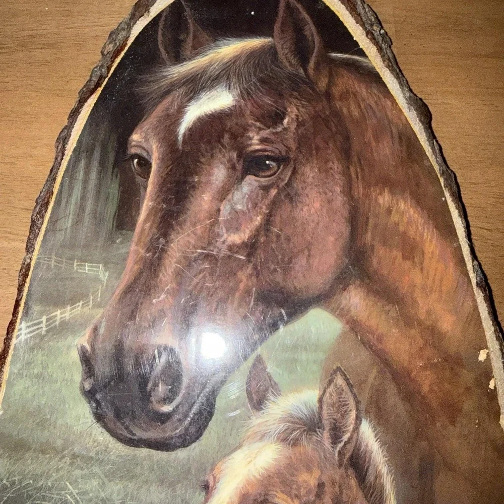 Vintage Horse Mare and Foal Wood Slab Wall Plaque Rustic Cabin Decor 16in